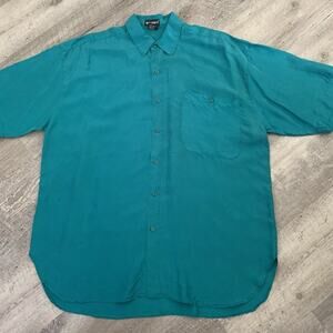 Silk Society Shirt Mens Large Y2K Green Short Sleeve Button Up Washable